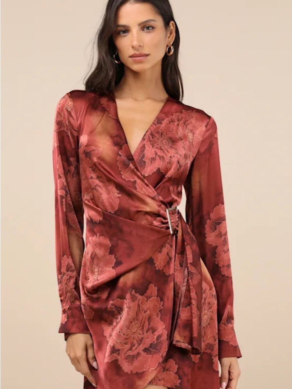Lulu's Rust Floral Satin Wrap Long Sleeve Dress